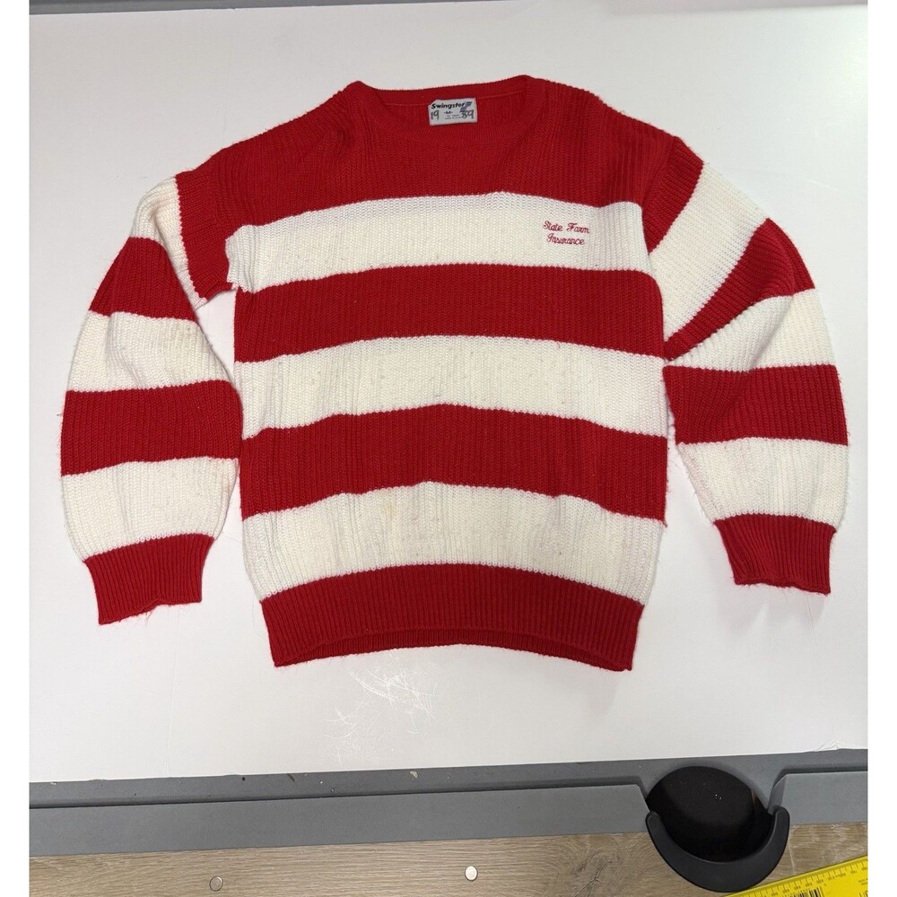 Vintage 80s Swingster State Farm Insurance Striped Sweater Made USA Red White M